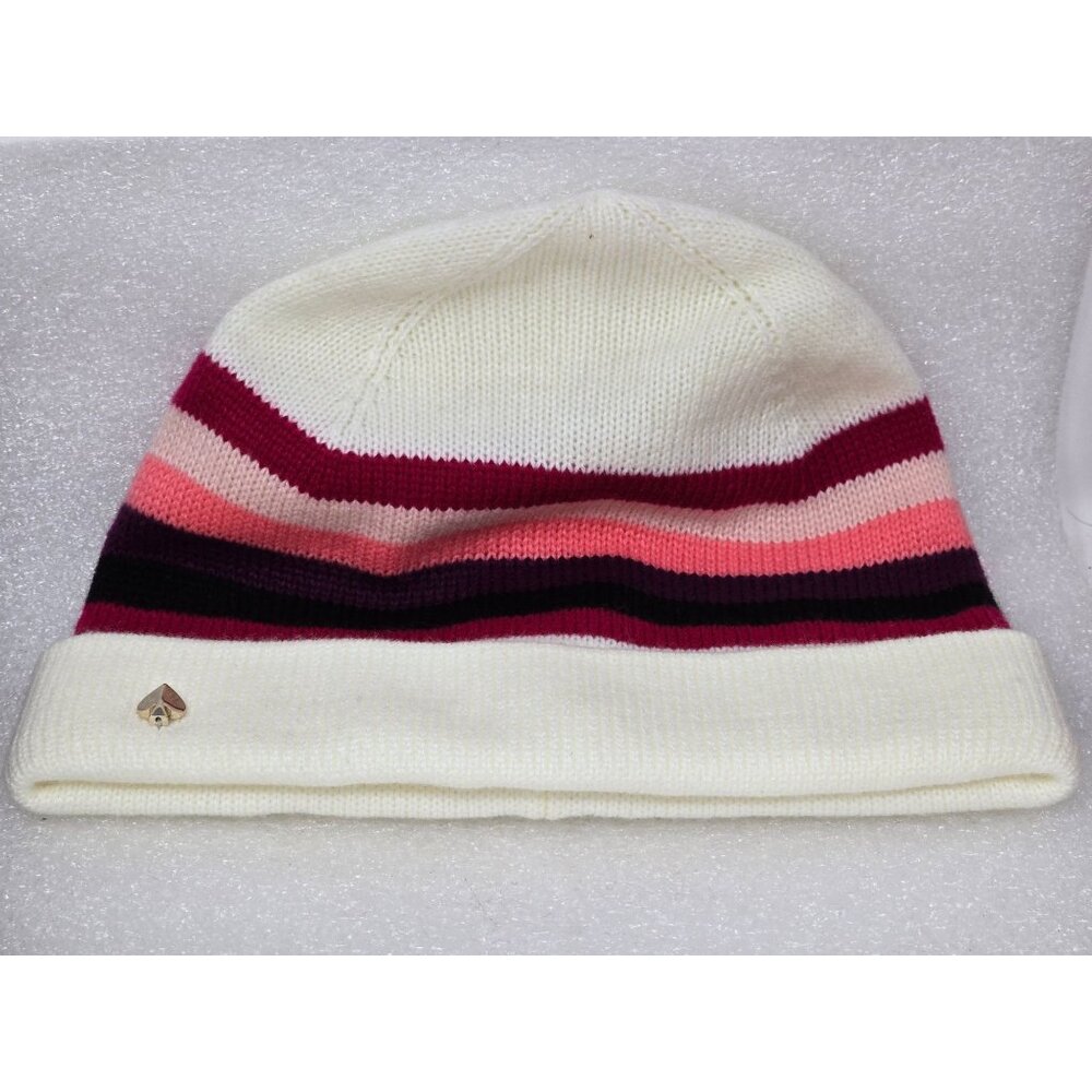Kate Spade Women's Striped Knit Beanie Hat Pink & Cream Acrylic